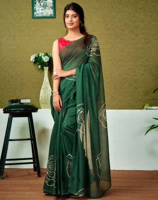 ready to wear green chanderi cotton screen printed casual and work saree 1