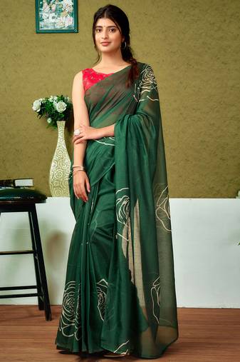 Green chanderi cotton screen printed casual and work ready to wear saree with blouse