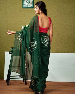ready to wear green chanderi cotton screen printed casual and work saree 2