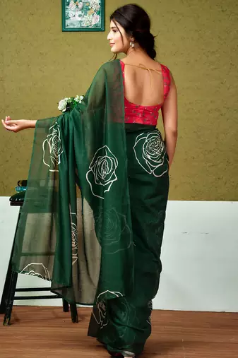 ready to wear green chanderi cotton screen printed casual and work saree