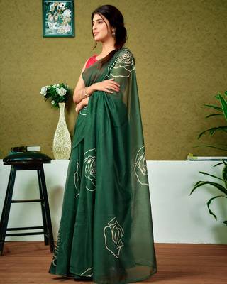 ready to wear green chanderi cotton screen printed casual and work saree 3