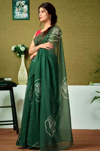ready to wear green chanderi cotton screen printed casual and work saree