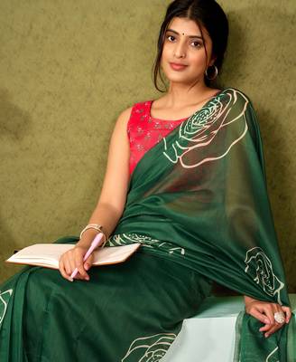 ready to wear green chanderi cotton screen printed casual and work saree 4