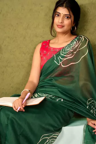 ready to wear green chanderi cotton screen printed casual and work saree