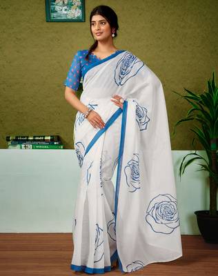 pre draped blue and off-white chanderi cotton screen printed casual and work saree 1