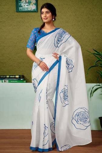 Blue and off-white chanderi cotton screen printed casual and work ready to wear saree with blouse