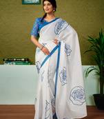 ready to wear blue and off-white chanderi cotton screen printed casual and work saree with blouse