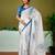 Blue and off-white chanderi cotton screen printed casual and work ready to wear saree with blouse