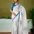 ready to wear blue and off-white chanderi cotton screen printed casual and work saree with blouse