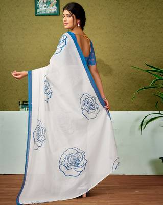 pre draped blue and off-white chanderi cotton screen printed casual and work saree 2