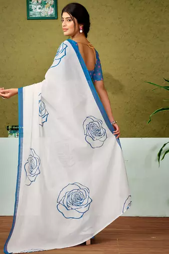 pre draped blue and off-white chanderi cotton screen printed casual and work saree