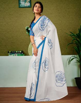 pre draped blue and off-white chanderi cotton screen printed casual and work saree 3