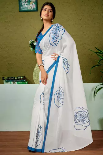 pre draped blue and off-white chanderi cotton screen printed casual and work saree