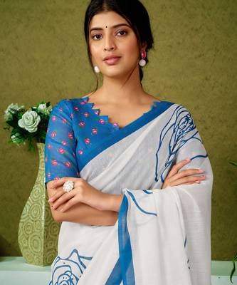 pre draped blue and off-white chanderi cotton screen printed casual and work saree 4