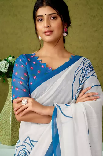 pre draped blue and off-white chanderi cotton screen printed casual and work saree