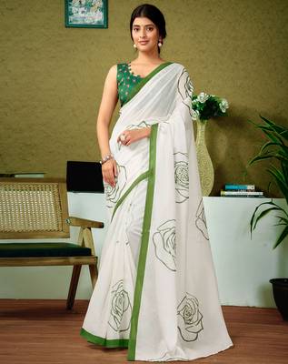ready made green chanderi cotton screen printed casual and work saree 1
