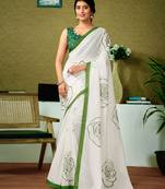 ready to wear green chanderi cotton screen printed casual and work saree with blouse