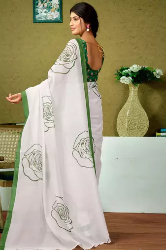 ready made green chanderi cotton screen printed casual and work saree