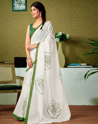 ready made green chanderi cotton screen printed casual and work saree 3