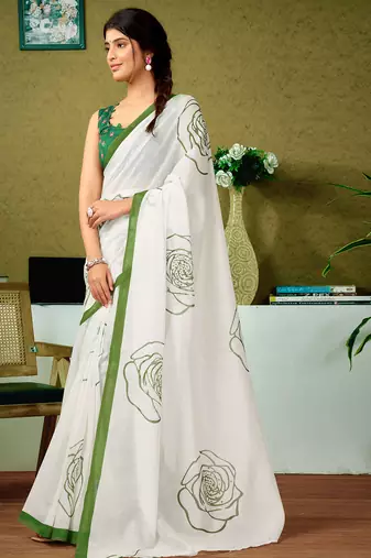 ready made green chanderi cotton screen printed casual and work saree