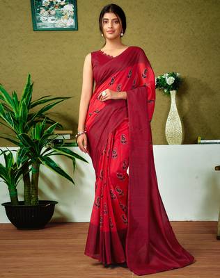 pre-stitched red chanderi cotton screen printed casual and work saree 1