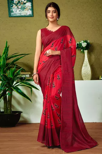 Red chanderi cotton screen printed casual and work ready to wear saree with blouse