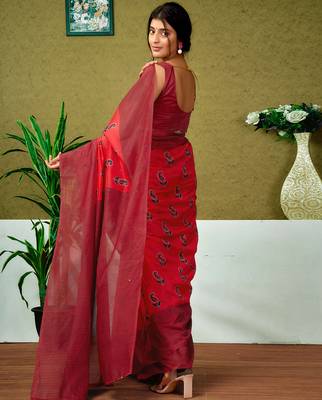 pre-stitched red chanderi cotton screen printed casual and work saree 2