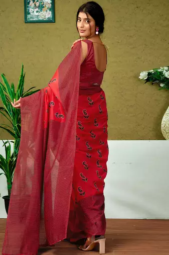 pre-stitched red chanderi cotton screen printed casual and work saree