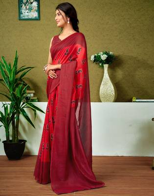 pre-stitched red chanderi cotton screen printed casual and work saree 3