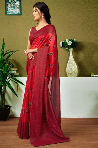 pre-stitched red chanderi cotton screen printed casual and work saree