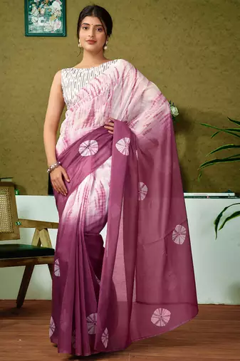 White and mauve chanderi cotton screen printed casual and work ready to wear saree with blouse