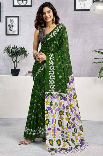 Green pure cotton screen printed casual, work and festival ready to wear saree with blouse