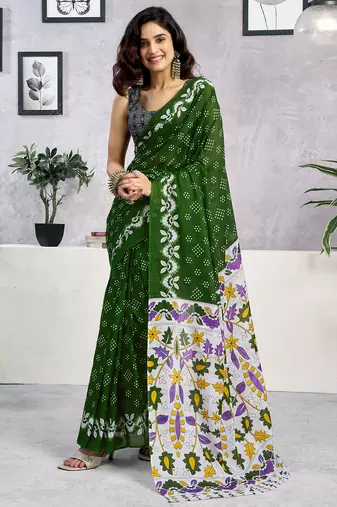 Green pure cotton screen printed casual, work and festival ready to wear saree with blouse