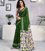 ready to wear green pure cotton screen printed casual, work and festival saree with blouse
