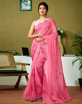 pre draped pink chanderi cotton screen printed casual and work saree 1