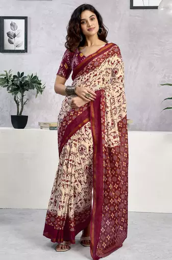 Maroon and beige pure cotton screen printed woven casual, work and festival ready to wear saree with blouse