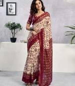 ready to wear maroon and beige pure cotton screen printed saree with blouse