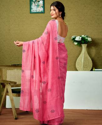 pre draped pink chanderi cotton screen printed casual and work saree 2