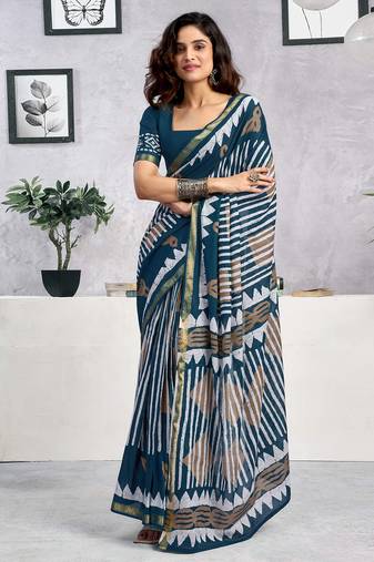 Blue pure cotton screen printed woven casual, work and festival ready to wear saree with blouse