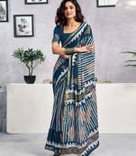 ready to wear blue pure cotton screen printed saree with blouse