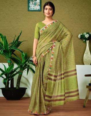 ready made green chanderi cotton screen printed casual and work saree 1