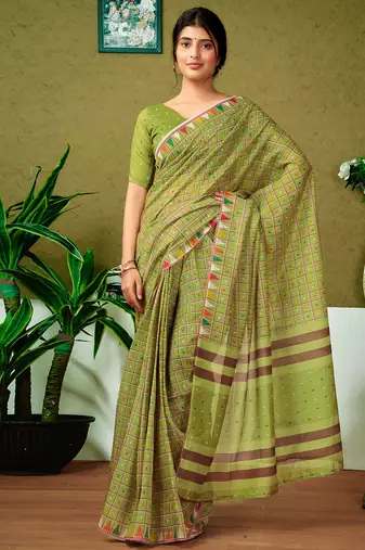 Green chanderi cotton screen printed casual and work ready to wear saree with blouse