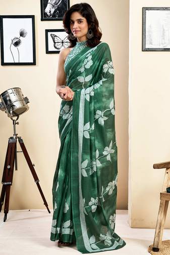 Green pure cotton screen printed pocket casual, work and festival ready to wear saree with blouse