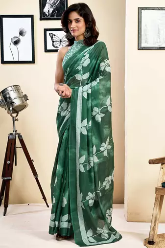 Green pure cotton screen printed pocket casual, work and festival ready to wear saree with blouse