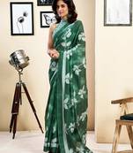 ready to wear green pure cotton screen printed saree with blouse