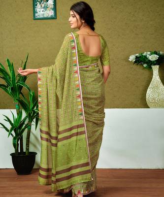 ready made green chanderi cotton screen printed casual and work saree 2