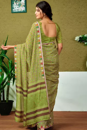 ready made green chanderi cotton screen printed casual and work saree