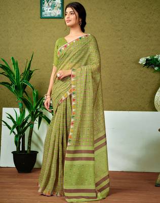ready made green chanderi cotton screen printed casual and work saree 3