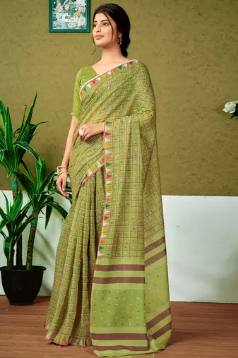 ready made green chanderi cotton screen printed casual and work saree