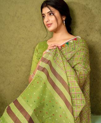 ready made green chanderi cotton screen printed casual and work saree 4